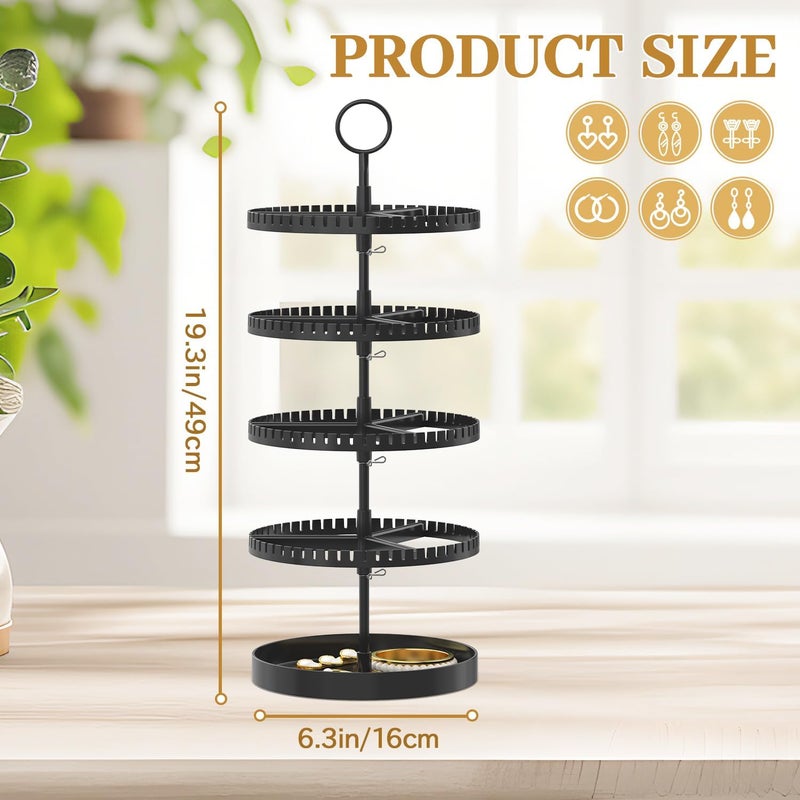MODOWEY 4 Tier Rotating Earring Holder Organizer Display Tree with Metal Tray, Adjustable Plastic Stand with 228 Slots for Stud Hoop Hanger, Large Capacity Storage Rack for Women Space Saving, Black - Image 3